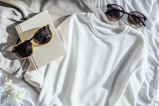 White Sweater and Sunglasses on a Textured Bed Sheet