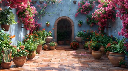 a Western-style Mediterranean garden, with terra cotta pots, aromatic herbs, and vibrant bougainvillea, evoking the charm of the Mediterranean coast in cinematic 16k detail.