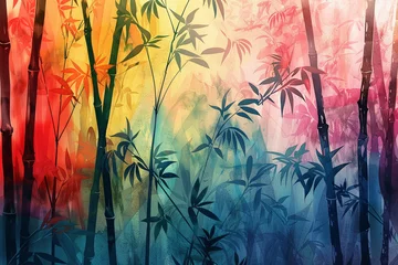 Gordijnen bamboo forest with water color drawing vibrant color © Milagro