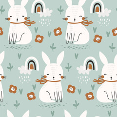 Seamless pattern with cute bunny. Vector - obrazy, fototapety, plakaty