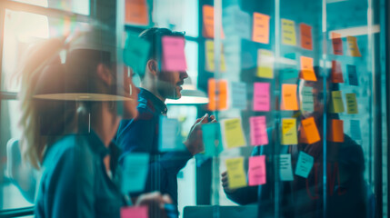 Focused professionals with sticky notes on glass, brainstorming session, creative office.