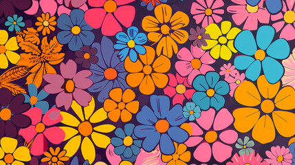 Vibrant groovy retro floral pattern with colorful blooms. 70ies style wallpaper.	