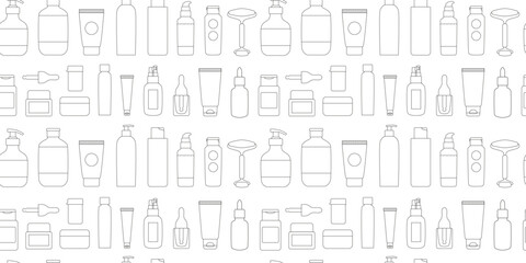Black and white outline skin care cosmetics seamless pattern. Natural eco cosmetics. Beauty routine. Bottles, jars, tubes. Background, wrapping paper.