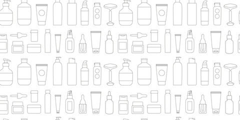 Black and white outline skin care cosmetics seamless pattern. Natural eco cosmetics. Beauty routine. Bottles, jars, tubes. Background, wrapping paper.