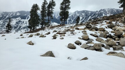 Mountains covered with snow in winter 