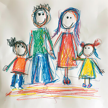 Hand-drawn family portrait by child on white paper.