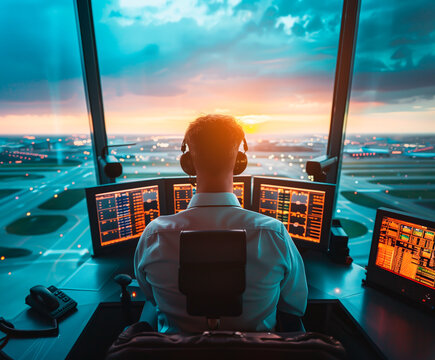 Air traffic controller in tower at sunset, airport operations.