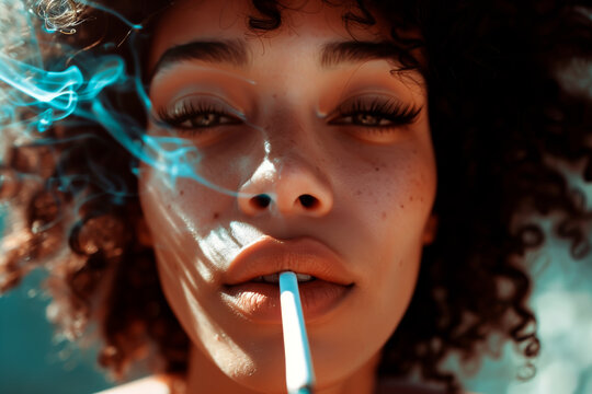 Close-up of a woman smoking a joint or cigarette, curling smoke around her face.