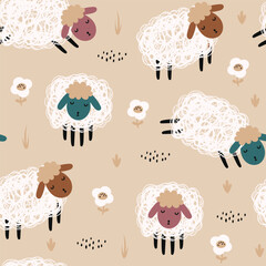 Seamless pattern with cute sheeps. Kids print. Vector - 761276106