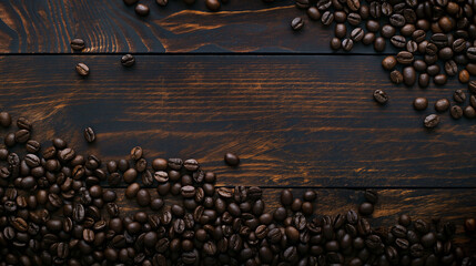 Coffee beans on rustic brown wood background - obrazy, fototapety, plakaty