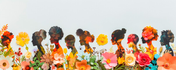 A cluster of birds gracefully sits atop a lush field of vibrant flowers, creating a beautiful contrast between natures avian and floral beauties. 8 March. Mother's Day. Banner. Copy space - obrazy, fototapety, plakaty