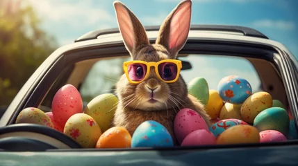 Poster rabbit with easter eggs in traveling by car © tetxu