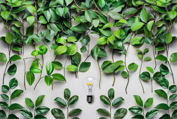 An eco-friendly concept is represented by a light bulb composed of green leaves against a white background. Concept of eco energy and environment protection. Copy space.