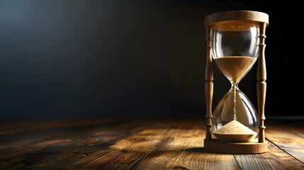 Sand running through the bulbs of an hourglass measuring the passing time in a countdown to a deadline, on a dark background with copy space - obrazy, fototapety, plakaty