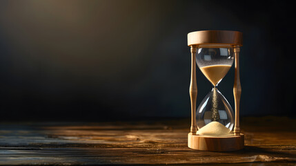 Sand running through the bulbs of an hourglass measuring the passing time in a countdown to a deadline, on a dark background with copy space