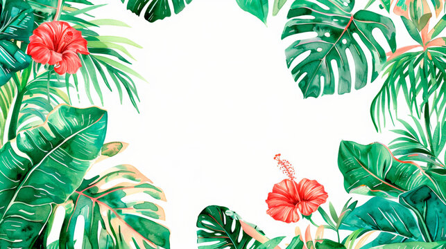 A colorful watercolor painting showcasing a variety of tropical leaves and exotic flowers in a harmonious composition. Cosmetics presentation. Beauty treatments. Banner. Copy space