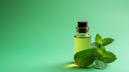 Peppermint essential oil in a small bottle with fresh green mint. Alternative medicine. Aromatherapy.