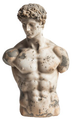 Historical vintage statue with cracks on an isolated transparent background