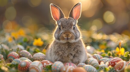 bunny and colored easter eggs on grass background
