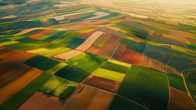 A breathtaking aerial view of a colorful patchwork of agricultural fields