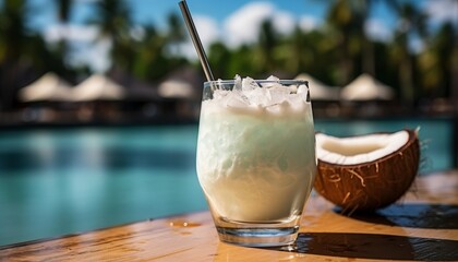 A tropical cocktail and a cracked coconut with juice on a paradise island background, with space for text.
