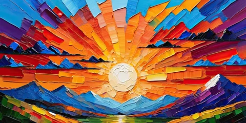 Zelfklevend Fotobehang Sunrise in the mountains, oil painting, landscape wallpaper © franxxlin_studio
