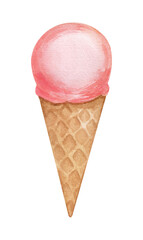 Watercolor illustration of a pink ice cream scoop in a cone. Cold dessert pink ice cream with berry, strawberry and cherry flavors. Design and packaging. Delicious sweet food, sweetness, yummy.