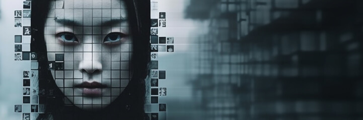 a woman with a digital face, in the style of grid formations, dystopian soft-focus portrait, dark cyan, Cybernetic face with a digital glitch, grunge for science fiction, technology, android, Japanese