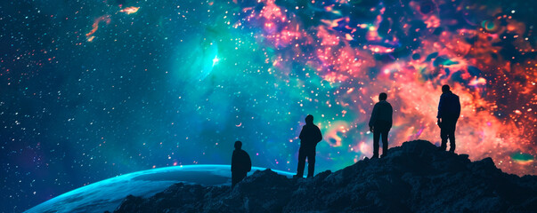 A diverse group of individuals stands atop a mountain, gazing up at the vast night sky filled with twinkling stars. The scene captures a sense of wonder and unity in the face. Banner. Copy space - obrazy, fototapety, plakaty
