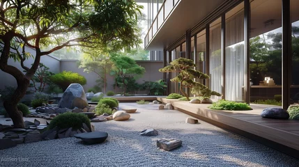  A minimalist meditation garden featuring a central rock garden surrounded by Zen-inspired gravel beds and bonsai trees. © Tahira