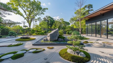 A minimalist meditation garden featuring a central rock garden surrounded by Zen-inspired gravel beds and bonsai trees.