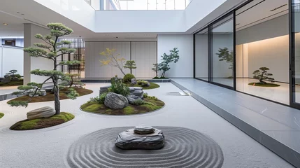 Schilderijen op glas A minimalist meditation garden featuring a central rock garden surrounded by Zen-inspired gravel beds and bonsai trees. © Tahira