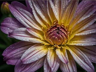 Close-up image of a pink and yellow dahlia flower with dewdrops, emphasizing its intricate beauty and colors