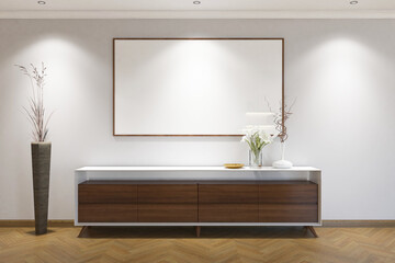 3d rendering corridor scandinavian style with credenza,  plant and frame mock up. Light gray and...