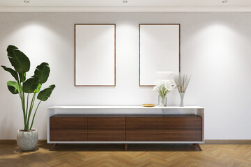 3d rendering corridor scandinavian style with credenza, plant and 2 frames mock up. Light gray and...