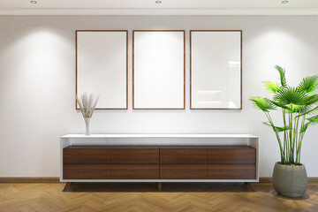3d rendering corridor scandinavian style with credenza, plant and 3 frames mock up. Light gray and light wood background. Set 3