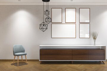 3d rendering corridor scandinavian style with credenza,  armchair and 5 frames mock up. Light gray and light wood background. Set 4