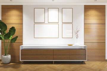 3d rendering corridor scandinavian style with credenza, wood panel, plant and 5 frames mock up. White and light wood background. Set 9