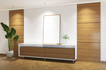 3d rendering corridor scandinavian style with credenza, wood panel, plant and frame mock up. White brick  walland light wood background. Set 10