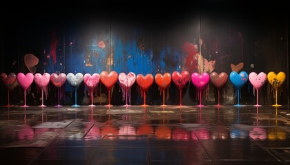 the colorful graffiti portraying heart designs on a concrete wall, setting a modern stage for...