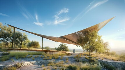A striking, cantilevered shade structure providing relief from the sun while framing views of the surrounding landscape.