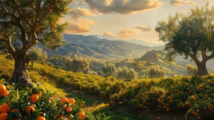Sunlit scene overlooking the orange plantation with many oranges, bright rich color, professional...