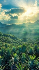 Sunlit scene overlooking the pineapple plantation with many pineapples, bright rich color,...