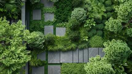 Fototapeta na wymiar A striking, monochromatic garden design with contrasting textures and shades of green, evoking a sense of harmony.