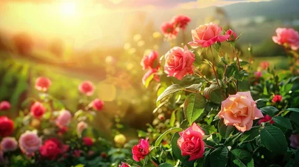 Fototapete Sunlit scene overlooking the rose plantation with many rose blooms, bright rich color, professional nature photo © shooreeq