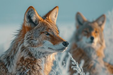 A couple of coyotes against the clear winter sky. creatures that exist in the wild.