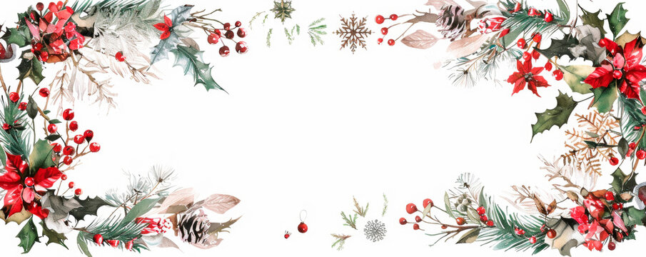 A festive Christmas wreath adorned with vibrant holly leaves, delicate mist, and rustic pine cones, creating a magical and enchanting holiday atmosphere. Banner. Copy space