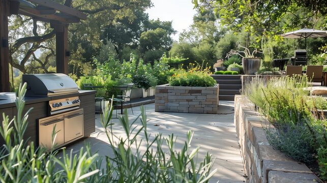 A stylish outdoor kitchen surrounded by raised herb beds, offering both culinary inspiration and visual delight.