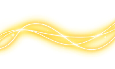 Gold neon light waves on transparent background. Abstract yellow swish motion design element.