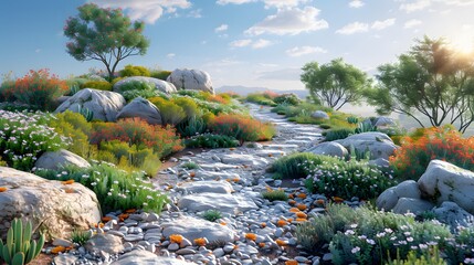 ultra-realistic image of a Western-style rock garden, with rugged boulders, meandering pathways, and delicate succulents, capturing the essence of tranquility in 16k high resolution.
